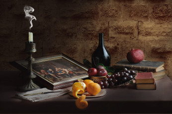 обоя еда, натюрморт, свеча, картина, книги, сливы, апельсин, виноград, гранат