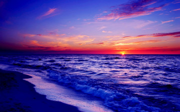 обоя sunset, природа, восходы, закаты, океан, волны, закат, пляж