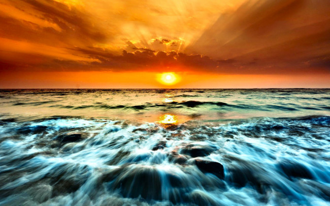 Обои картинки фото природа, восходы, закаты, океан, волны, закат, тучи