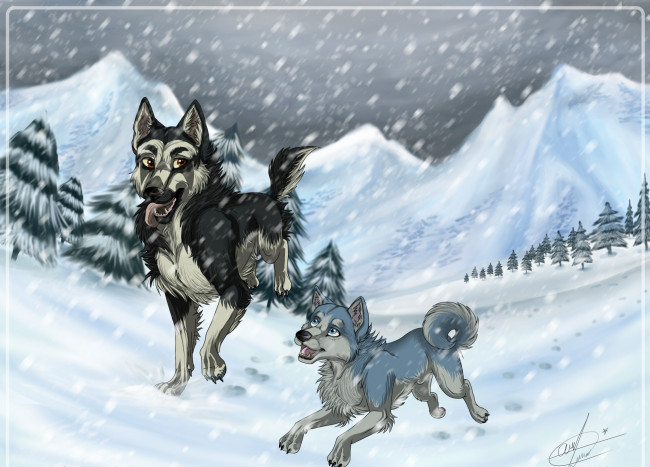 Обои картинки фото рисованные, животные, собаки, снег