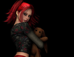 Картинка 3д+графика people+ люди серьги пирсинг красные волосы игрушка девушка темный фон
