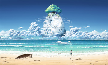 Картинка аниме *unknown+ другое пейзаж лодка дерево арт берег небо город парень океан ветка inoki собака облака