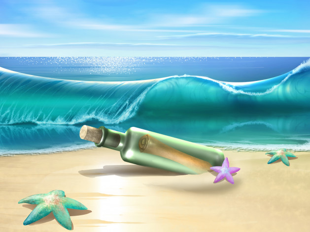 Обои картинки фото векторная графика, морские, звезды, небо, волна, записка, бутылка, море, песок, пляж