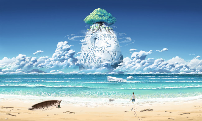 Обои картинки фото аниме, *unknown , другое, пейзаж, лодка, дерево, арт, берег, небо, город, парень, океан, ветка, inoki, собака, облака