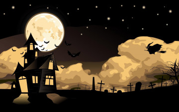обоя праздничные, хэллоуин, кресты, кладбище, метла, ведьма, полет, полнолуние, луна, звезды, небо, летучие, мыши, дом, ночь