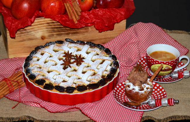 Обои картинки фото еда, пироги, яблочный, пирог, кофе, яблоки, корица, орехи, пекан, бадьян
