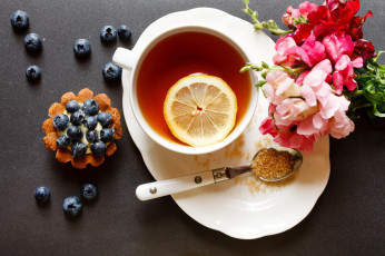 Картинка еда напитки +Чай кекс лимон черника цветы сахар чай