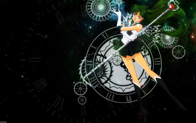 Обои картинки фото аниме, sailor moon, девушка, звезды, время, часы, воин, pluto, посох
