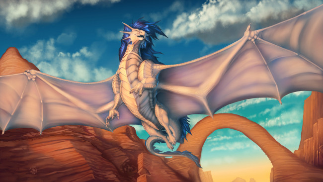 Обои картинки фото фэнтези, драконы, дракон, крылья, полет, скалы, небо, тучи
