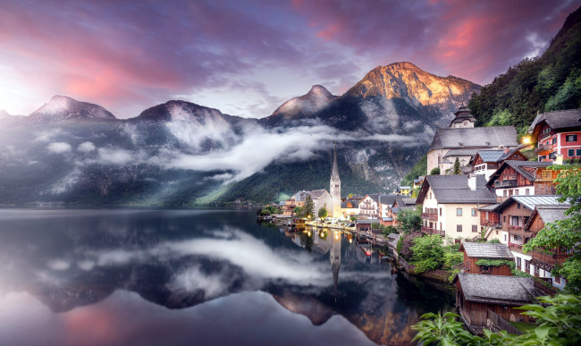 Обои картинки фото города, гальштат , австрия, горы, озеро, дома