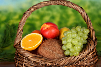 обоя еда, фрукты, ягоды, виноград, лимон, персик, апельсин, кокос, корзина