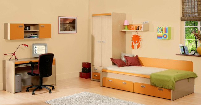 Обои картинки фото интерьер, детская, комната, компьютер, стол, игрушки, кровать