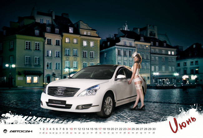 Обои картинки фото календари, девушки, чулки, ниссан, город, улица