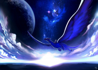 Картинка фэнтези драконы звезды крылья полет всадник дракон