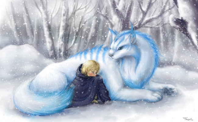 Обои картинки фото фэнтези, существа, снег, зима, зверь, существо, эльф