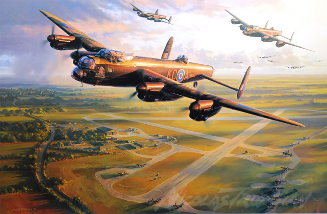 Обои картинки фото рисованные, авиация, aviation, aircraft, airplane, war, dogfight, art, ww2, avro, lancaster
