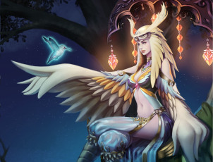 Картинка фэнтези существа арт девушка крылья перья сова ночь дерево звезды