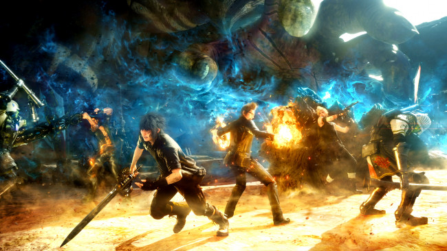 Обои картинки фото видео игры, final fantasy xiii, сражение, монстр, парни, оружие