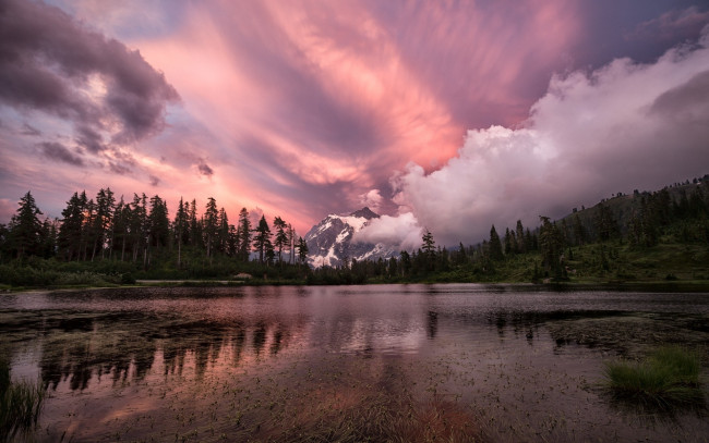 Обои картинки фото природа, реки, озера, гора, закат, деревья, озеро, облака, небо