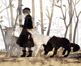 Картинка аниме животные +существа мальчик волки