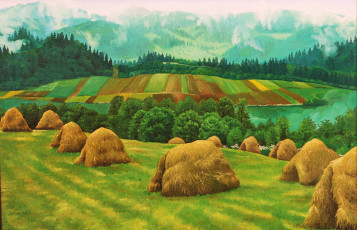 Картинка рисованные природа поля сено