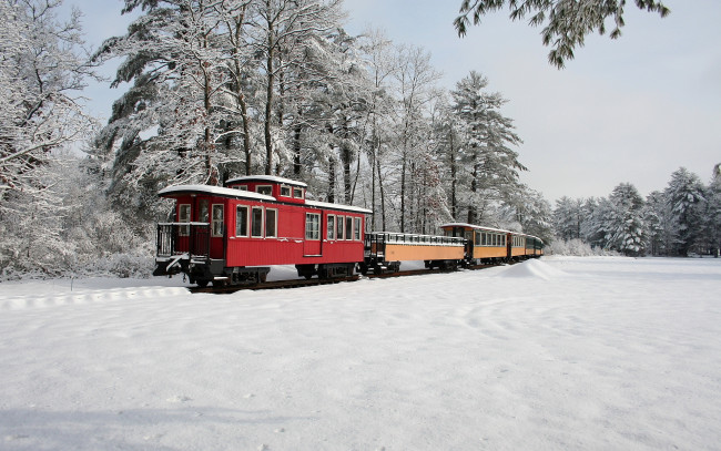 Обои картинки фото техника, поезда, деревья, вагоны, снег