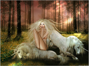 Картинка 3д графика fantasy фантазия лес единороги девушка волосы