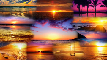обоя beach, sunsets, природа, восходы, закаты, затакы, коллаж, рассветы