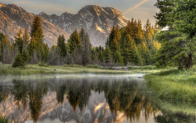 Обои картинки фото природа, реки, озера, идиллия, туман, утренний, лес, горы, река