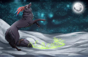 Картинка рисованные животные сказочные мифические собака луна снег