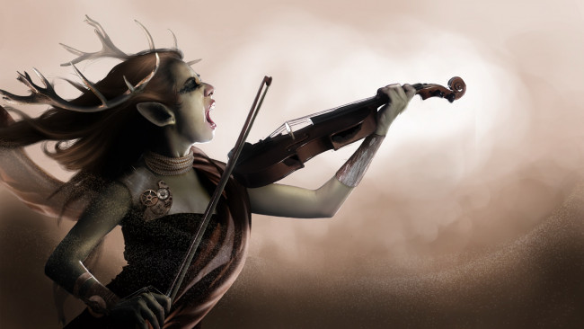 Обои картинки фото фэнтези, эльфы, эльфийка, скрипка, рога