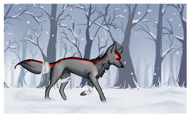 Обои картинки фото рисованные, животные, сказочные, мифические, лес, снег, собака