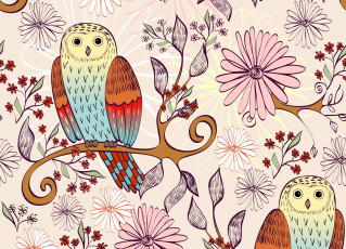 Картинка векторная+графика птицы цветы ветка совы