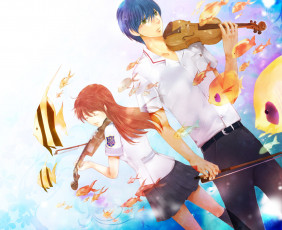 Картинка аниме музыка арт la corda d'oro primo passo hino kahoko tsukimori len девушка парень двое скрипка инструмент рыбки