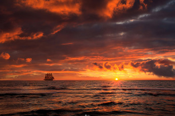 Картинка корабли парусники рассвет горизонт паруса океан