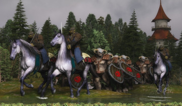 обоя 3д графика, фантазия , fantasy, лес, лошади, орки, патруль, река, замок