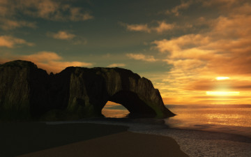 Картинка 3д+графика природа+ nature облака закат скала пляж море