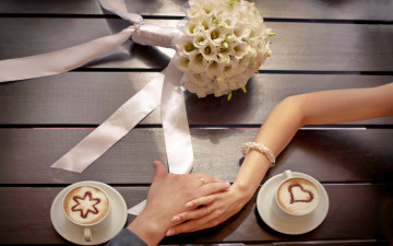 обоя разное, руки, couple, romantic, love, hands, bouquet, wedding, цветы, flowers, любовь, cup, coffee