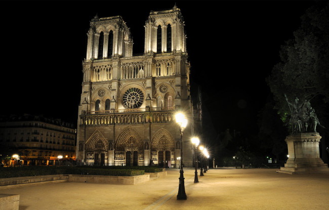 Обои картинки фото notre-dame, города, париж , франция, фонарь, собор, ночь