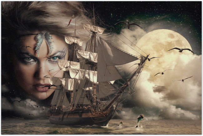 Обои картинки фото фэнтези, корабли, парусник, луна