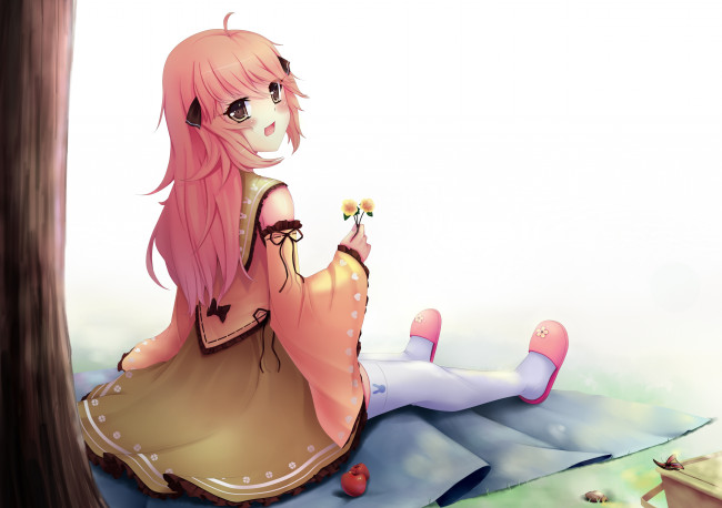 Обои картинки фото аниме, unknown,  другое, арт, sonic0-0, девушка, цветы, дерево, яблоки