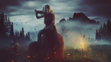 Картинка фэнтези девушки оружие огонь трава череп