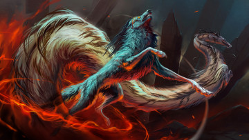 Картинка фэнтези существа широкоформатные рисунки огонь животные драконы волки