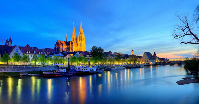 Обои картинки фото германия, города, - панорамы, река, дома, ночь, пароходы