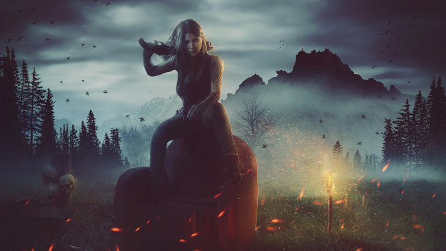 Обои картинки фото фэнтези, девушки, оружие, огонь, трава, череп