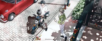 Картинка аниме оружие +техника +технологии парни мотоцикл улица напитки