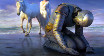 Картинка фэнтези роботы +киборги +механизмы киборг девушка лошадь море берег