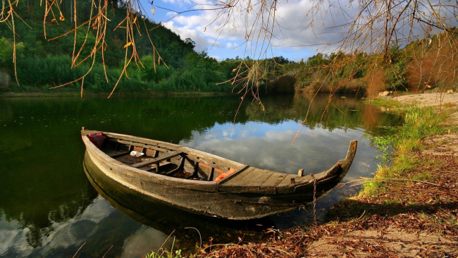 Обои картинки фото корабли, лодки,  шлюпки, лес, лодка, река