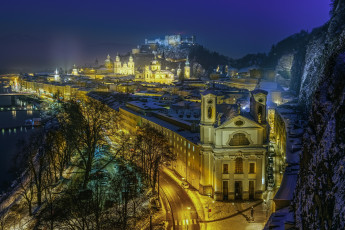 Картинка города -+огни+ночного+города церковь хоэнзальцбург ночь австрия