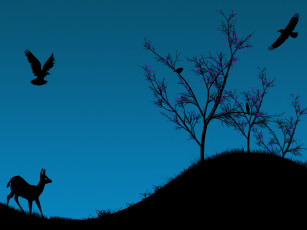 Картинка векторная графика олень дерево птицы